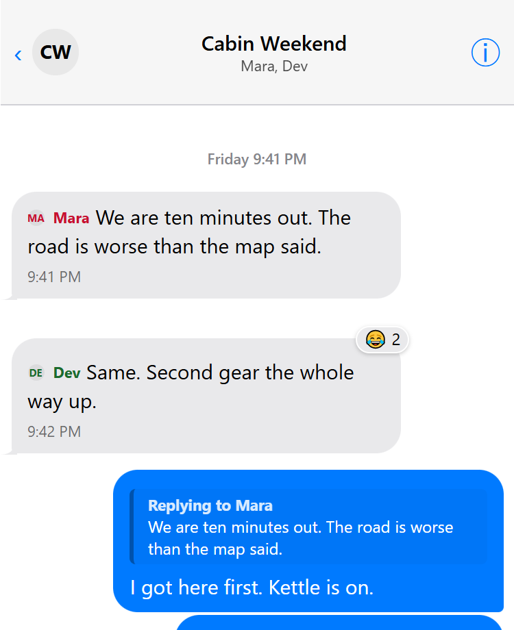 An iMessage group chat with named senders in different colours, a reply quoting an earlier message, and a Tapback
