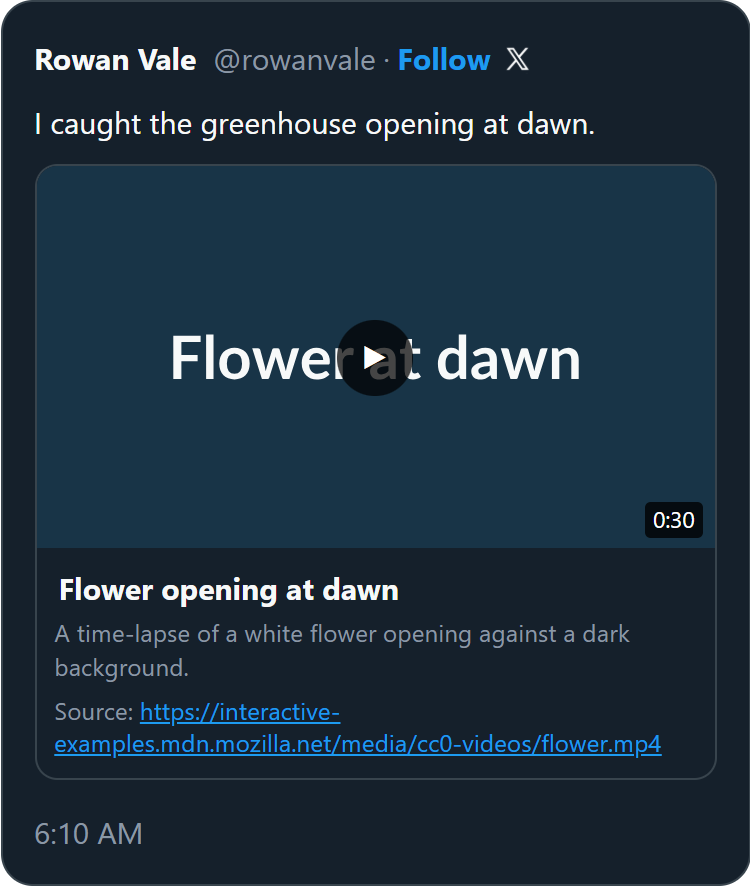 A tweet with a video card showing a poster frame, a play button and a duration