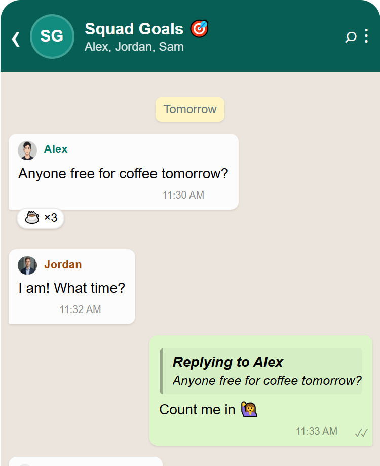 A WhatsApp group chat with participant avatars, coloured sender names, an emoji reaction and a quoted reply