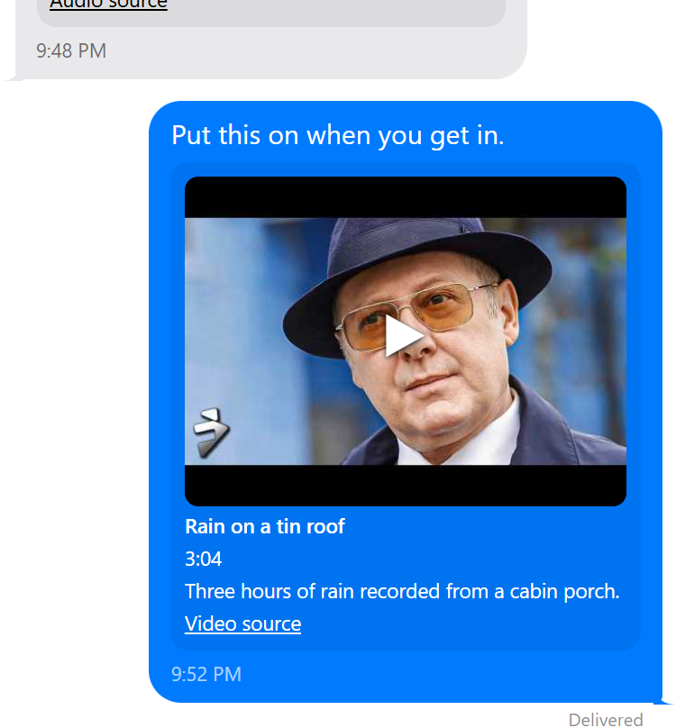 An iMessage scene with a video player that readers can play inside an AO3 chapter when exported as a work skin